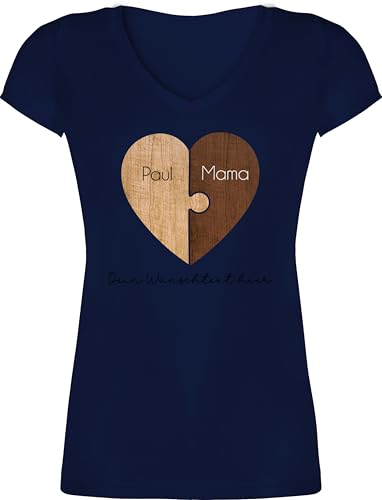 T-Shirt Damen V Ausschnitt Puzzlestücke mit Namen Mama von Kind I Weihnachten Geschenk von Tochter für Mutter I Muttertagsgeschenk - L - Dunkelblau - Shirt Name mom Sohn t von Geschenk mit Namen personalisiert by Shirtracer