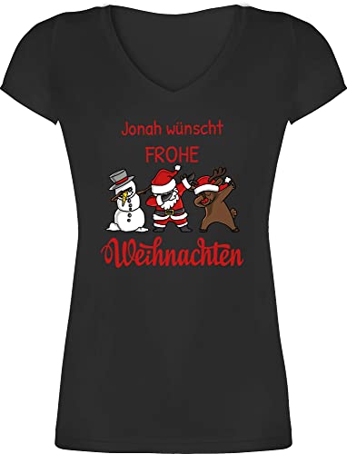 T-Shirt Damen V Ausschnitt - Geschenke Christmas - Dabbing Santa Figuren Frohe Weihnachten - Wunschtext - XS - Schwarz - Weihnachts Tshirt weihnacht weihnachtsmotiv weihnachtsshirt weihnachtliche von Geschenk mit Namen personalisiert by Shirtracer