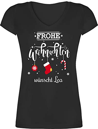 T-Shirt Damen V Ausschnitt - Geschenke Christmas - Frohe Weihnachten Lettering Wunschtext - S - Schwarz - Weihnachts Tshirt weihnacht weihnachtsshirt weihnachtliche personalisiertes von Geschenk mit Namen personalisiert by Shirtracer
