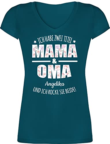 T-Shirt Damen V Ausschnitt - Ich Habe Zwei Titel Oma und Mama | Oma Muttertagsgeschenke Großmutter Geschenk Geburtstag Omi Geschenk Muttertag - L - Türkis - t Shirt personalisierten von Geschenk mit Namen personalisiert by Shirtracer