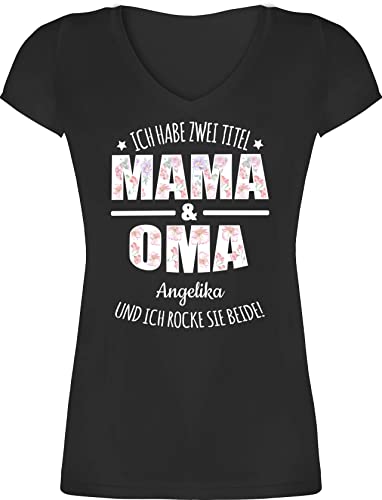 T-Shirt Damen V Ausschnitt - Ich Habe Zwei Titel Oma und Mama | Oma Muttertagsgeschenke Großmutter Geschenk Geburtstag Omi Geschenk Muttertag - M - Schwarz - t Shirt personalisierten von Geschenk mit Namen personalisiert by Shirtracer