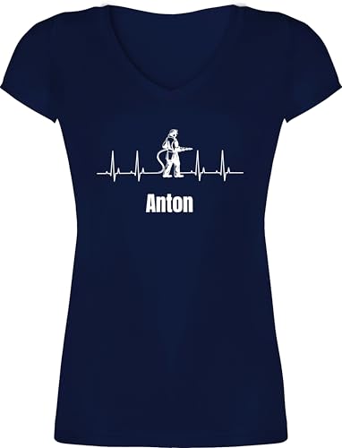 T-Shirt Damen V Ausschnitt - Herzschlag Feuerwehrmann mit Name Geschenke für Feuerwehrmänner Weihnachten Feuerwehr Geschenke Freiwillige Feuerwehr I Jugendfeuerwehr - L - Dunkelblau von Geschenk mit Namen personalisiert by Shirtracer