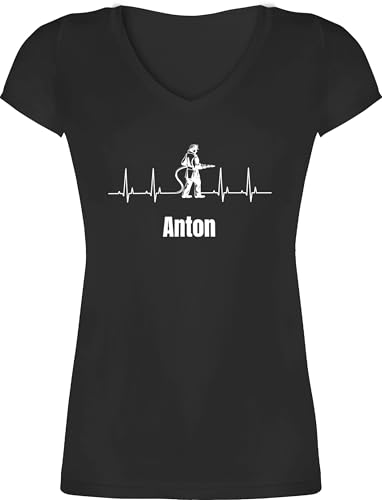 T-Shirt Damen V Ausschnitt - Herzschlag Feuerwehrmann mit Name Geschenke für Feuerwehrmänner Weihnachten Feuerwehr Geschenke Freiwillige Feuerwehr I Jugendfeuerwehr - M - Schwarz - feuerwehrmotiv von Geschenk mit Namen personalisiert by Shirtracer
