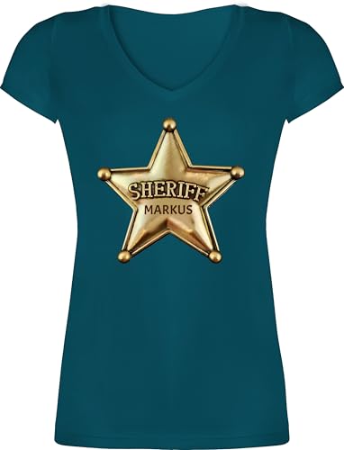 T-Shirt Damen V Ausschnitt - Karneval Fasching - Sheriff Stern mit Name personalisiert I Cowboy Kostüm Sheriff Stern I Sheriffstern Wilder Westen Kostüm Cowgirl I Fastnacht - L - Türkis von Geschenk mit Namen personalisiert by Shirtracer