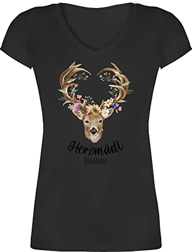 T-Shirt Damen V Ausschnitt - Kompatibel Oktoberfest - Herzmädl Hirsch Geweih Hirschgeweih MADL - XXL - Schwarz - Tshirt trachtenshirt Trachten Name Shirt bayrisches Outfit Tracht Herz Tshirts von Geschenk mit Namen personalisiert by Shirtracer