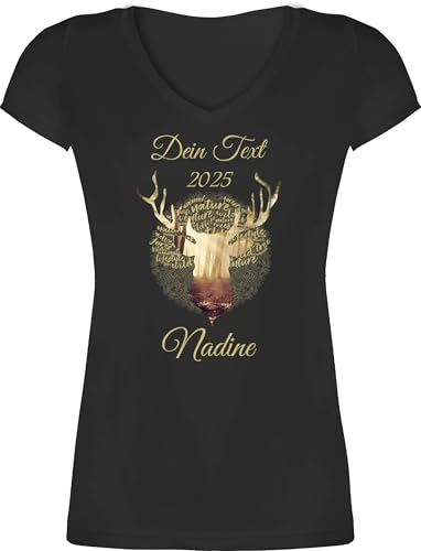 T-Shirt Damen V Ausschnitt - Kompatibel Oktoberfest - Tag Cloud - Hirsch und Name in Gold - XXL - Schwarz - trachtenshirt Trachten personalisierte Tshirt bayrisches Outfit Tracht goldenem Shirt von Geschenk mit Namen personalisiert by Shirtracer