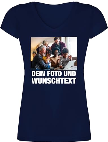 T-Shirt Damen V Ausschnitt - Mit Bild eigenem Foto Name Text Wunschtext - L - Dunkelblau - Bedrucken selber Foto-Geschenke personalisiertem personalisierbar individualisiert eigene Fotos von Geschenk mit Namen personalisiert by Shirtracer