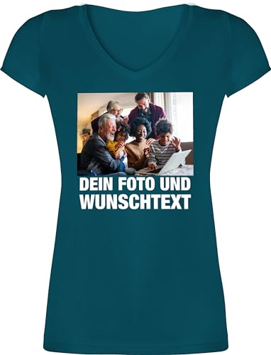 T-Shirt Damen V Ausschnitt - Mit Bild eigenem Foto Name Text Wunschtext - L - Türkis - Bedrucken selber Machen selbst Drauf drucken bildern und Schrift auf Bilder eigen einem eigenen Druck eigenes von Geschenk mit Namen personalisiert by Shirtracer