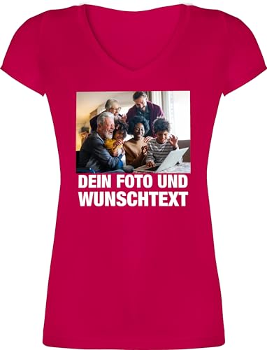 T-Shirt Damen V Ausschnitt - Mit Bild eigenem Foto Name Text Wunschtext - M - Fuchsia - muttertagsgeschenk selber Machen eigene Design Geschenke die Man beschriften kann selbst Aufdruck Personalized von Geschenk mit Namen personalisiert by Shirtracer