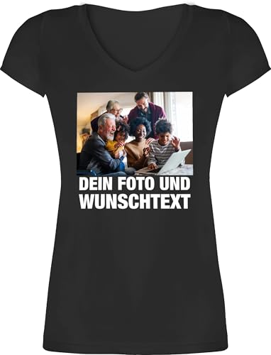 T-Shirt Damen V Ausschnitt - Geschenk mit Bild I eigenem Foto I Name I eigener Text I Wunschtext - XS - Schwarz - t- Shirt Bedrucken personalisierte Tshirt selbst drucken Logo Tshirts von Geschenk mit Namen personalisiert by Shirtracer