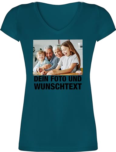 T-Shirt Damen V Ausschnitt - Mit Foto I Eigenem Bild I Text I Name I Wunschtext - XL - Türkis - querformat personalisierte Tshirt selbst drucken Photo Tshirts Frauen-Shirt Bedrucken Lassen von Geschenk mit Namen personalisiert by Shirtracer
