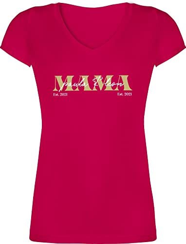 T-Shirt Damen V Ausschnitt - Mama Geschenk mit Namen Kinder Datum Geburtsjahr Muttertagsgeschenk Mutti seit - XL - Fuchsia - Shirt Tshirt mom Shirts t Geschenke für mütter Muttertag Mutter von Geschenk mit Namen personalisiert by Shirtracer