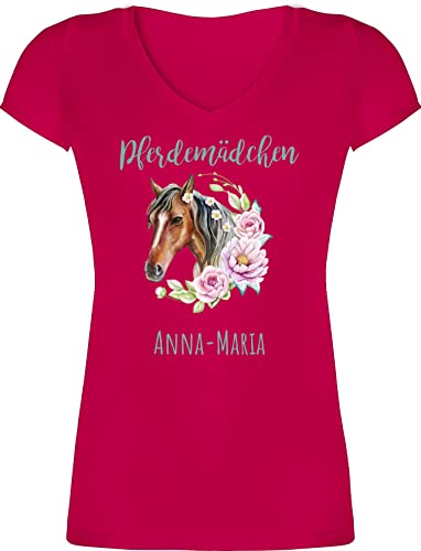 T-Shirt Damen V Ausschnitt - Pferd Pferde - Pferdemädchen - M - Fuchsia - Geschenke für pferdefans Reiter Sachen reiten pferdeliebhaber personalisierbar Reiterin Reitsport REIT pferdeherz von Geschenk mit Namen personalisiert by Shirtracer