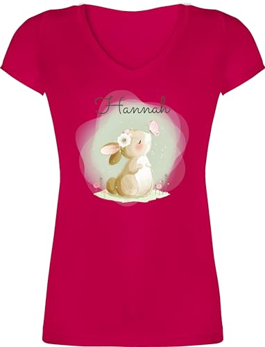 T-Shirt Damen V Ausschnitt - Süßer Hase mit Name personalisiert I Hasen Geschenk Bunny I Rabbit I Kaninchen - S - Fuchsia - hasenliebhaber Ostern Tshirt hasenmotiv kaninchenmotiv Shirt für von Geschenk mit Namen personalisiert by Shirtracer