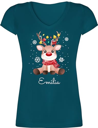 T-Shirt Damen V Ausschnitt - Süßes Rentier mit Name Wunschtext I Geschenk Rentier Weihnachten I Rudolph Reindeer Rudolf - L - Türkis - weinachts Xmas Shirt Weinachten elch t-Shirts von Geschenk mit Namen personalisiert by Shirtracer