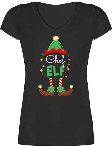 T-Shirt Damen V Ausschnitt - Weihnachten - Chef Elf mit Wunschtext Text I Weihnachtself I Weihnachtsmotiv - M - Schwarz - weinachts Elfen Shirt Weinachten weihnachtsbäckerei Tshirt weihnachtliches von Geschenk mit Namen personalisiert by Shirtracer