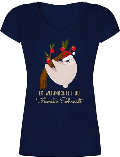 T-Shirt Damen V Ausschnitt - Weihnachten - Es weihnachtet bei Name I Weihnachtsfaultier I Faultier - M - Dunkelblau - weinachts weihnachtsmotiv Shirt Weinachten t weihnachtliches Christmas von Geschenk mit Namen personalisiert by Shirtracer