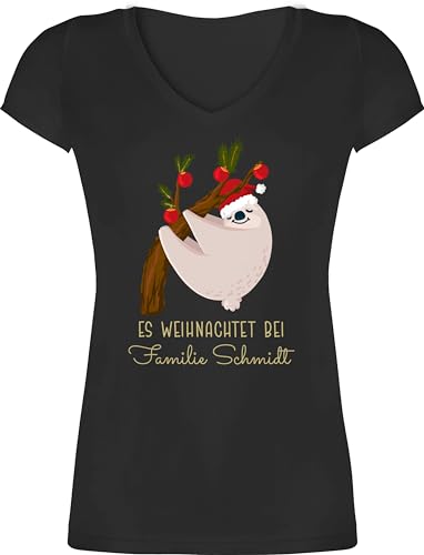 T-Shirt Damen V Ausschnitt - Weihnachten - Es weihnachtet bei Name I Weihnachtsfaultier I Faultier - M - Schwarz - weinachts weihnachtsmotiv Shirt Weinachten t weihnachtliches Christmas Weihnachts von Geschenk mit Namen personalisiert by Shirtracer