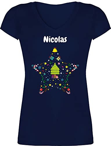 T-Shirt Damen V Ausschnitt - Weihnachten Geschenke Christmas - Weihnachtsstern Name anpassbar - L - Dunkelblau - Weihnachts Tshirt weihnacht weihnachtsshirt weihnachtliche personalisiertes von Geschenk mit Namen personalisiert by Shirtracer