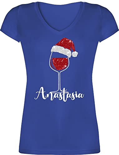 T-Shirt Damen V Ausschnitt - Weihnachten Geschenke Christmas - Weinglas mit Weihnachtsmütze in Glitzeroptik und Name - M - Blau - weihnachtsshirt Weihnachts Tshirt weihnacht Glitzer Shirt von Geschenk mit Namen personalisiert by Shirtracer
