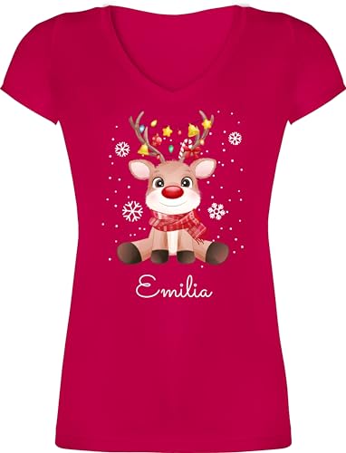 T-Shirt Damen V Ausschnitt - Süßes Rentier mit Name Wunschtext I Geschenk Rentier Weihnachten I Rudolph Reindeer Rudolf - 3XL - Fuchsia - weinachts Xmas Shirt Weinachten elch t-Shirts von Geschenk mit Namen personalisiert by Shirtracer