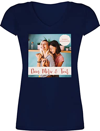 T-Shirt Damen V Ausschnitt - eigenem - Eigenes Foto I Eigenes Bild - XS - Dunkelblau - t Shirt Bedrucken Lassen Frauen personalisierte Tshirt selbst drucken Photo Shirts fotoshirt t-Shirt-Foto von Geschenk mit Namen personalisiert by Shirtracer