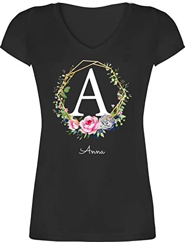 T-Shirt Damen V Ausschnitt - für Anfangsbuchstabe Initialen - Personalisierte Geschenke Frauen I Geschenkideen Mädchen mit Namen I Geschenke Freundin - L - Schwarz - Tshirt Buchstabe Buchstaben von Geschenk mit Namen personalisiert by Shirtracer