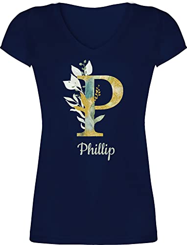 T-Shirt Damen V Ausschnitt - für Frauen Anfangsbuchstabe Initialen - Namens Geschenk - M - Dunkelblau - Tshirt Buchstabe Buchstaben Letter Shirt Shirts personalisierte Letters t-Shirts Bedrucken von Geschenk mit Namen personalisiert by Shirtracer