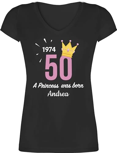 T-Shirt Damen V Ausschnitt personalisiert mit Namen - 50. Geburtstag personalisiert - 1973 A Princess was Born - zum Fünfzigsten - mit Name - 3XL - Schwarz - 50 Tshirt Jahre Shirt Geschenk - XO1525 von Geschenk mit Namen personalisiert by Shirtracer