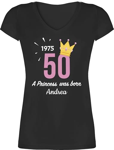 T-Shirt Damen V Ausschnitt - 50. Geburtstag - 1975 A Princess was Born - zum Fünfzigsten - mit Name - L - Schwarz - t Shirt Jahrgang 1974 50 Jahre fünfziger 1973 Tshirt von Geschenk mit Namen personalisiert by Shirtracer
