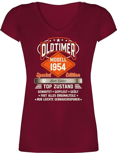 T-Shirt Damen V Ausschnitt - 70. Geburtstag - Oldtimer Special Vintage 1954 - Name - Retro Look zum Siebzigsten - L - Bordeauxrot - Geschenke 70 Jahre 70sten sprüche 70ster von Geschenk mit Namen personalisiert by Shirtracer