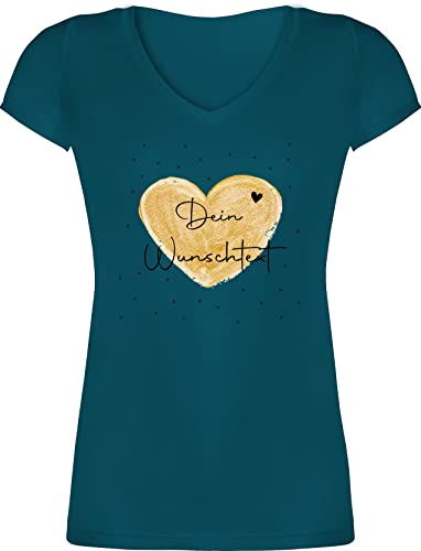 T-Shirt Damen V Ausschnitt - Aufdruck selbst gestalten - Dein Wunschtext - XXL - Türkis - Text frei wählbar Bedrucken zum eigenem Bedruckt beliebigem individuellem persönlichem Wunsch von Geschenk mit Namen personalisiert by Shirtracer