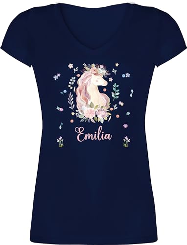 T-Shirt Damen V Ausschnitt - Einhorn Geschenke mit Name - M - Dunkelblau - Unicorn Shirt personalisierte von Geschenk mit Namen personalisiert by Shirtracer