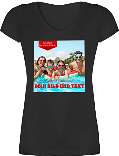 T-Shirt Damen V Ausschnitt - Bild - Eigenem Foto - XL - Schwarz - selbst Druck Bedrucken und Text erstellen bildern selber anpassen Machen Drauf drucken kann selbstgestaltung wo Man EIN gestalten von Geschenk mit Namen personalisiert by Shirtracer