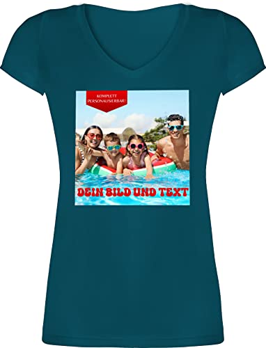 T-Shirt Damen V Ausschnitt - Bild - Eigenem Foto - XXL - Türkis - Text und Bilder Abdruck persönlichem bestellen wo Man Drauf Machen kann anpassen selbst ausgesuchtem von Freundin gestalten von Geschenk mit Namen personalisiert by Shirtracer