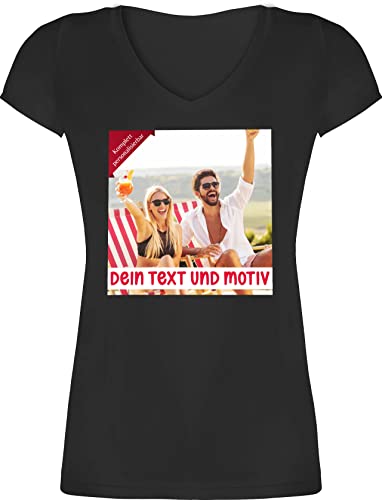 T-Shirt Damen V Ausschnitt - Bild - Eigenem Foto Geschenk - M - Schwarz - muttertagsgeschenk selber Machen selbst Design Geschenke die Man beschriften kann personalisiertem Druck Aufdruck günstig von Geschenk mit Namen personalisiert by Shirtracer