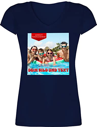 T-Shirt Damen V Ausschnitt - Bild - Eigenem Foto - L - Dunkelblau - selber Bedrucken kann selbst Bedruckte with Your own Photo and Text bildern eigenes Name und Bilder auf eigen einem eigenen Druck von Geschenk mit Namen personalisiert by Shirtracer