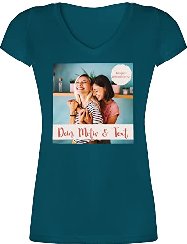 T-Shirt Damen V Ausschnitt - eigenem - Foto Bild - XXL - Türkis - Text und Bedrucken selber Bilder Machen Abdruck persönlichem Drauf selbst erstellen Personality von Freundin bestellen wo Man kann von Geschenk mit Namen personalisiert by Shirtracer