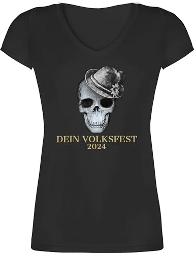 T-Shirt Damen V Ausschnitt - Kompatibel Oktoberfest - 2024 Totenkopf mit Filzhut - M - Schwarz - trachtenshirt bayrisches Bayern Shirt Outfit Volksfest Tshirt bayrisch Tracht bayrischer Abend von Geschenk mit Namen personalisiert by Shirtracer