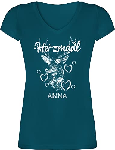 T-Shirt Damen V Ausschnitt - Kompatibel Oktoberfest - Herzmadl mit Hirsch und Herzen - M - Türkis - t Shirt bayrisches Outfit bayrischer Abend v-Ausschnitt Oktoberfest-Outfits Trachten- von Geschenk mit Namen personalisiert by Shirtracer