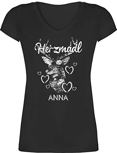 T-Shirt Damen V Ausschnitt - Kompatibel Oktoberfest - Herzmadl mit Hirsch und Herzen - S - Schwarz - Herz v-Ausschnitt Shirt Oktoberfest-Outfits Bayern Shirts trachtenshirt bayrisch Tshirts von Geschenk mit Namen personalisiert by Shirtracer