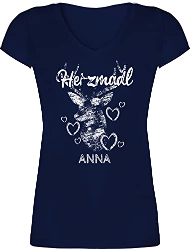 T-Shirt Damen V Ausschnitt - Kompatibel Oktoberfest - Herzmadl mit Hirsch und Herzen - XL - Dunkelblau - Tshirt Frauen Shirt Neck t t-Shirts v-Ausschnitt Shirts Oberteil Oberteile Frau Tshirts von Geschenk mit Namen personalisiert by Shirtracer