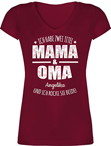 T-Shirt Damen V Ausschnitt - Muttertag - Ich Habe Zwei Titel Oma & Mama Name - L - Bordeauxrot - t Shirt personalisierten schöne muttertagsgeschenke Omas personalisierte Geschenke Mutter und von Geschenk mit Namen personalisiert by Shirtracer