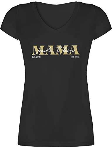 T-Shirt Damen V Ausschnitt - Muttertag - Mama Geschenk mit Namen Kinder Datum Geburtsjahr Muttertagsgeschenk Mutti seit - 3XL - Schwarz - motherday personalisierte Geschenke Mutter von Geschenk mit Namen personalisiert by Shirtracer