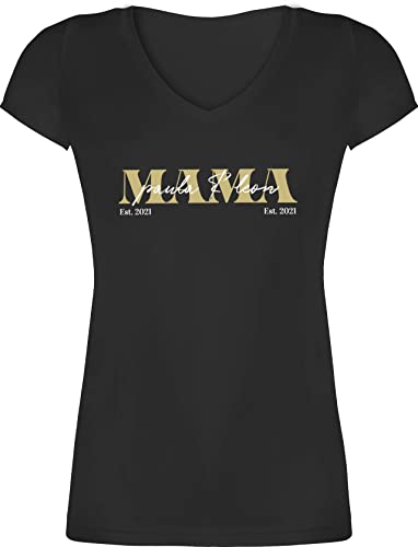T-Shirt Damen V Ausschnitt - Mama Geschenk mit Namen Kinder Datum Geburtsjahr Muttertagsgeschenk Mutti seit - S - Schwarz - Shirt Tshirt mom Shirts t Geschenke für mütter Muttertag Mutter von Geschenk mit Namen personalisiert by Shirtracer