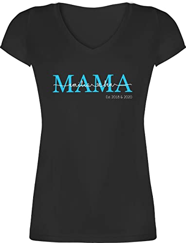 T-Shirt Damen V Ausschnitt - Mama Kindernamen Geschenk Geburtstag - S - Schwarz - personalisierte muttertagsgeschenke Tshirt Mutti Mami Shirt mom mütter v-Ausschnitt Muttertag Mutter Sohn von Geschenk mit Namen personalisiert by Shirtracer