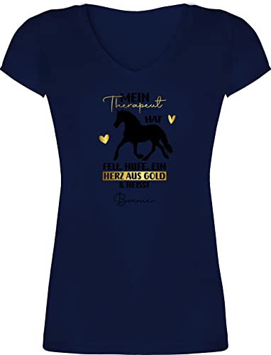 T-Shirt Damen V Ausschnitt - Pferd Pferde - Mein Therapeut hat Fell, Hufe und EIN Herz aus Gold - L - Dunkelblau - Name Frauen Reiter für pferdeliebhaber personalisierbar Spruch eigenem reiten von Geschenk mit Namen personalisiert by Shirtracer