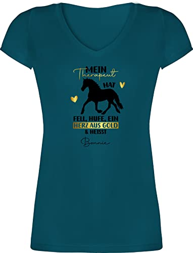 T-Shirt Damen V Ausschnitt - Pferd Pferde - Mein Therapeut hat Fell, Hufe und EIN Herz aus Gold - M - Türkis - Name Geschenke personalisierte mädchen Geschenk+für+pferdeliebhaber Bilder Frau von Geschenk mit Namen personalisiert by Shirtracer