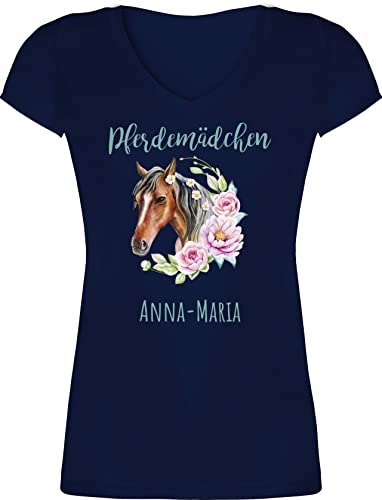 T-Shirt Damen V Ausschnitt - Pferd Pferde - Pferdemädchen - L - Dunkelblau - pferdegeschenk für mädchen personalisierte Geschenke Reiter pferdeliebhaber eigenem pferdemotiv von Geschenk mit Namen personalisiert by Shirtracer