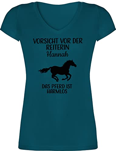 T-Shirt Damen V Ausschnitt - Pferde - Vorsicht vor der Reiterin - Name - das Pferd ist harmlos - L - Türkis - Sachen für Reiter mädchen reiten reiterinnen Pferdesport REIT von Geschenk mit Namen personalisiert by Shirtracer